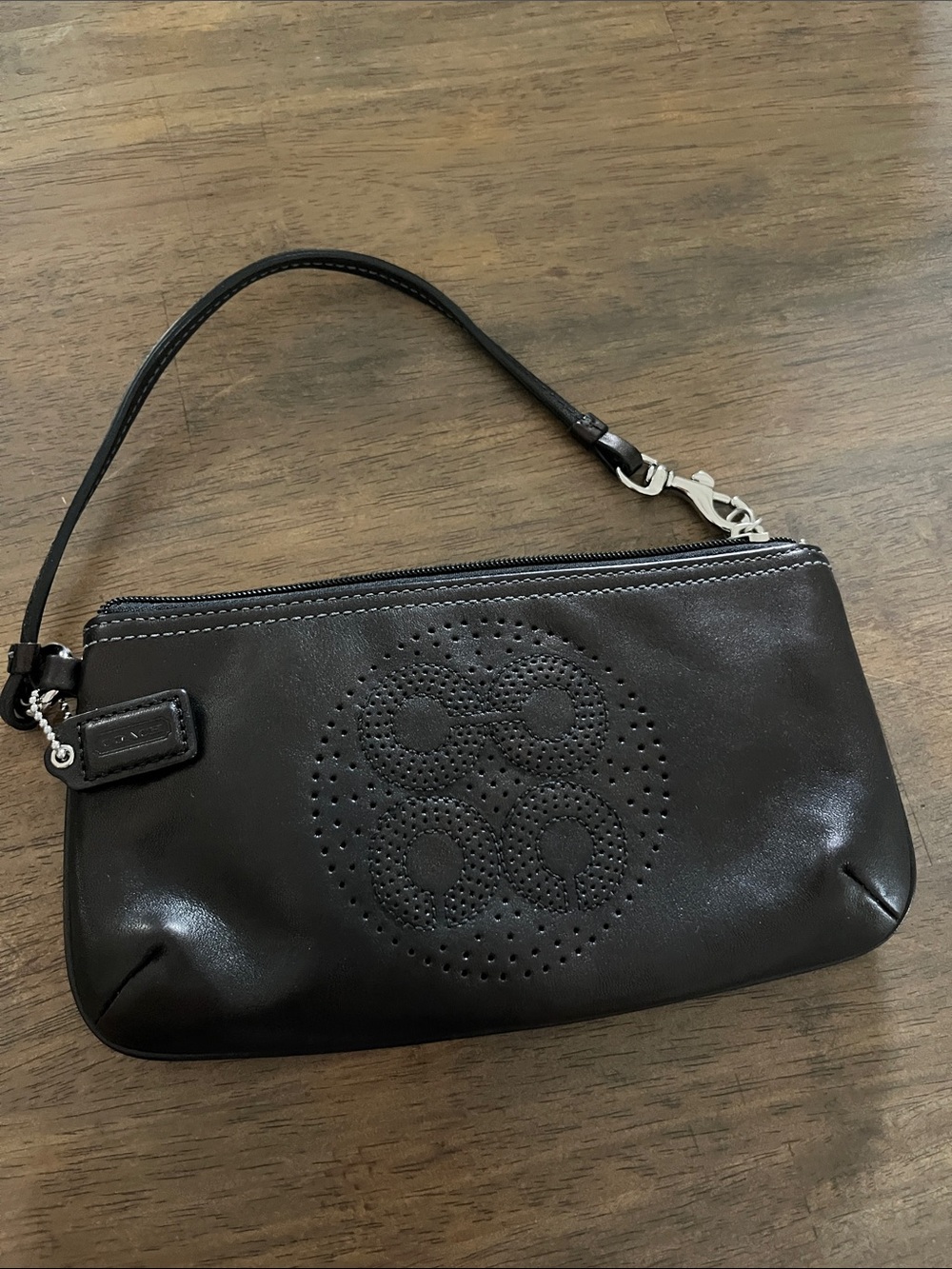 Coach Black Leather Wristlet with Perforated Logo